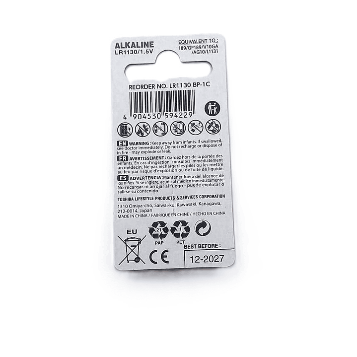 Pila de Botón Toshiba LR1130 Alcalina 1.5V | 0% Mercurio | Ajelec Electrónica 3