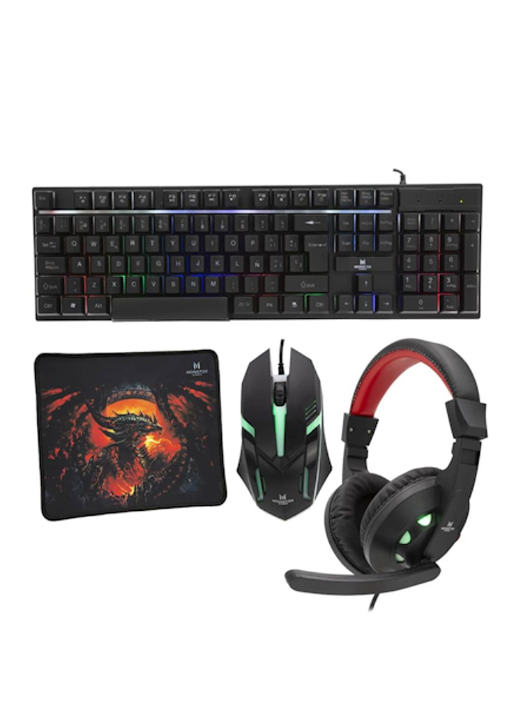 Kit 4 en 1 Monster Games Insertion K4125: Teclado + Audífonos + Mouse + Mousepad 1