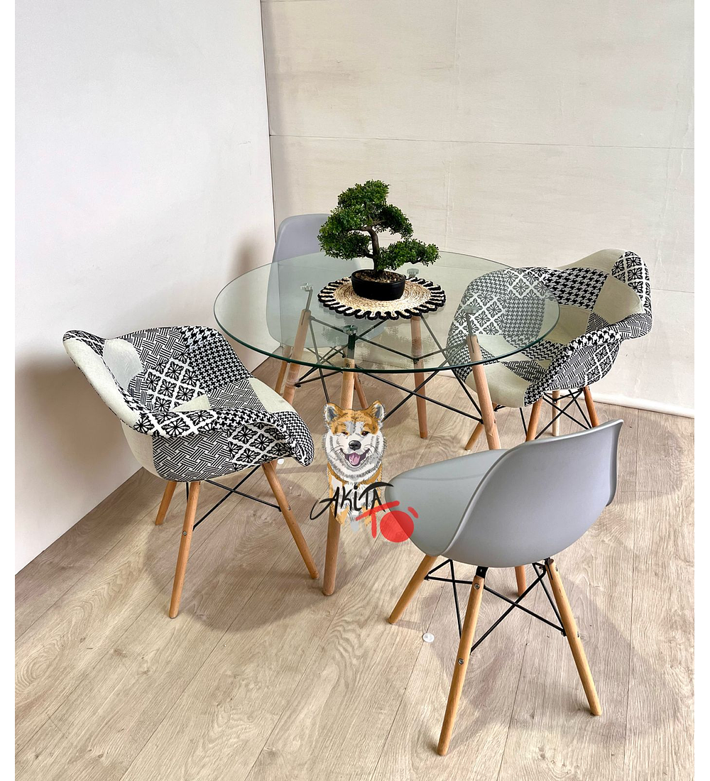 Comedor Dalmata (Mesa Redonda Vidrio + 2 Butacas Patchwork y 2 Sillas Eames)