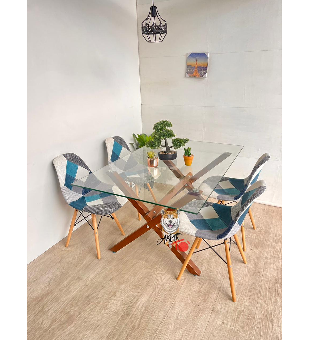Comedor Belmopan (pata mesa color claro) (Mesa Vidrio 140x90 + Silla Patchwork)