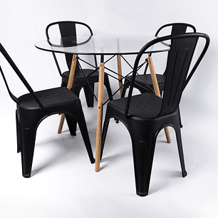 Comedor Carbono (Mesa eames vidrio + 4 sillas tolix polipropileno)