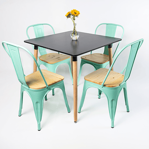 Comedor Menta (Mesa cuadrada negra + 4 sillas tolix madera menta)