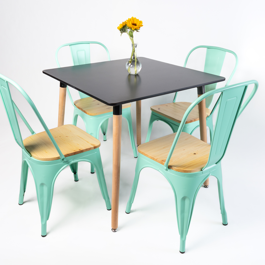 Comedor Menta (Mesa cuadrada negra + 4 sillas tolix madera menta) 2