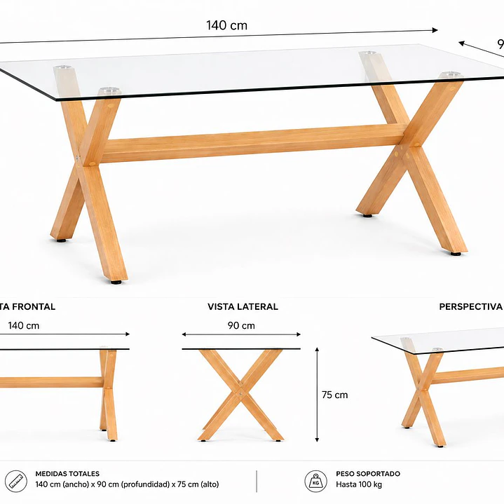 Mesa Rectangular vidrio cruz 140x90 2