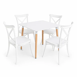 Comedor Noruega (Mesa melamina cuadrada blanca + 4 Sillas crossback)