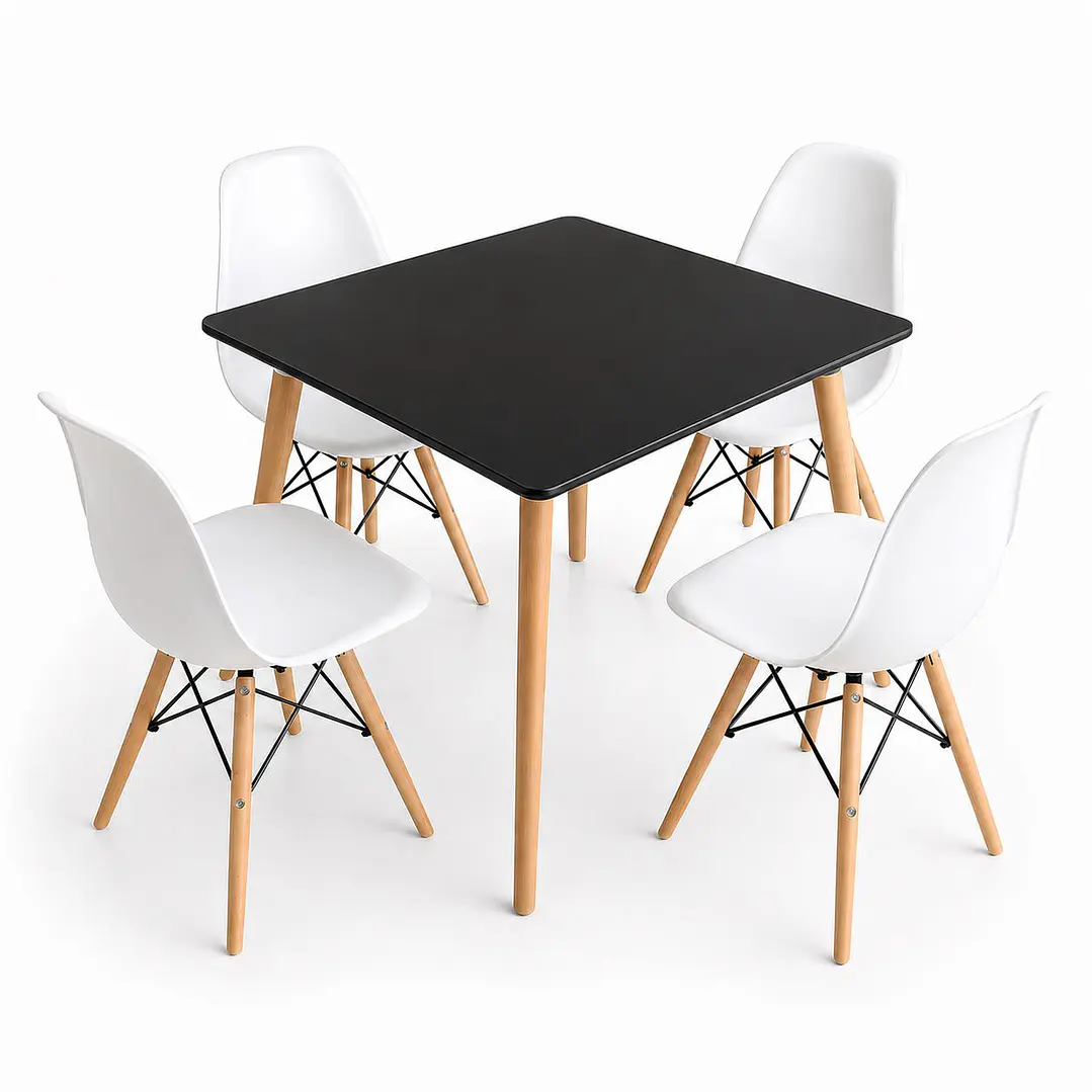 Comedor Indonesia (Mesa melamina cuadrada negra 80x80 + 4 Sillas eames) 2