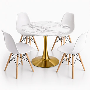 Comedor Suiza (Mesa Tulip Mármol + 4 Sillas Eames Blancas)