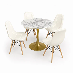 Comedor Finlandia (Mesa Tulip Mármol + 4 Sillas Buckle Blancas)