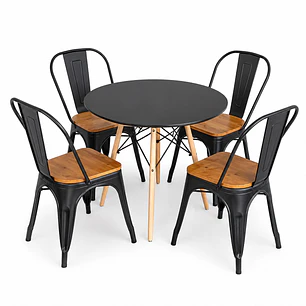 Comedor Liberia (Mesa Melamina redonda + 4 Sillas Tolix Madera)
