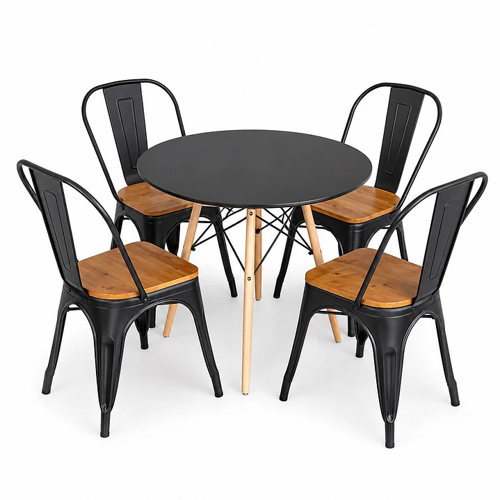 Comedor Liberia (Mesa Melamina redonda + 4 Sillas Tolix Madera) 1