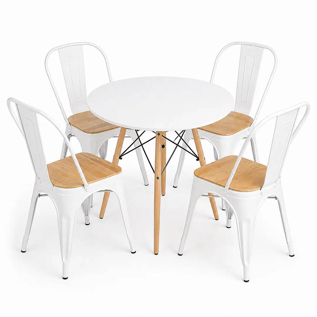 Comedor Liberia (Mesa Melamina redonda + 4 Sillas Tolix Madera) 2