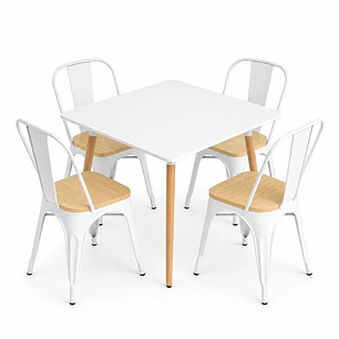 Comedor Grecia (Mesa cuadrada melamina blanca + 4 sillas tolix madera)