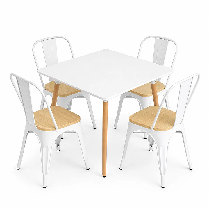 Comedor Grecia (Mesa cuadrada melamina blanca + 4 sillas tolix madera) 1