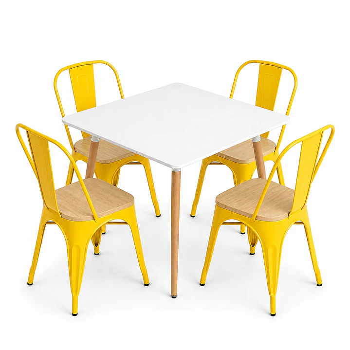 Comedor Grecia (Mesa cuadrada melamina blanca + 4 sillas tolix madera) 2