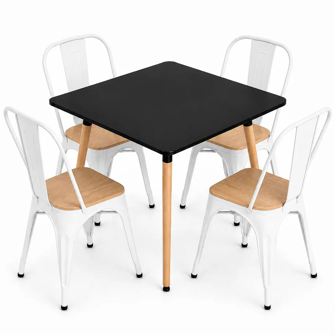 Comedor Malí (Mesa Cuadrada Melamina Negra + 4 Sillas Tolix Madera) 2