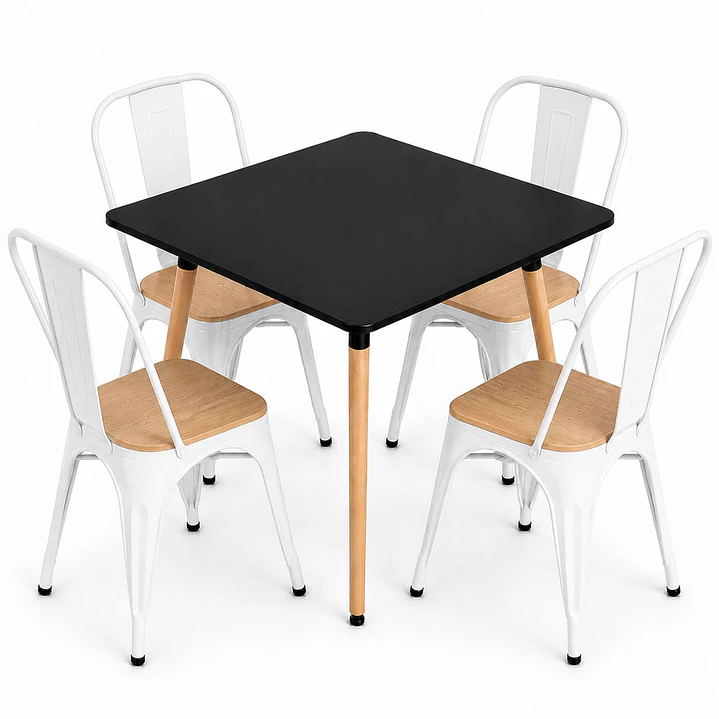 Comedor Malí (Mesa Cuadrada Melamina Negra + 4 Sillas Tolix Madera) 2