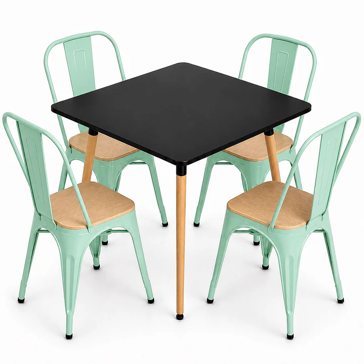 Comedor Malí (Mesa Cuadrada Melamina Negra + 4 Sillas Tolix Madera) 3