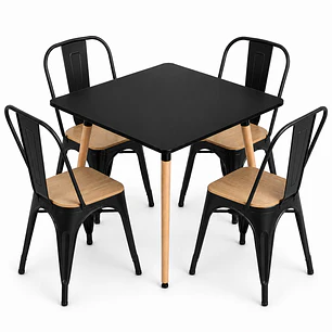 Comedor Malí (Mesa Cuadrada Melamina Negra + 4 Sillas Tolix Madera)