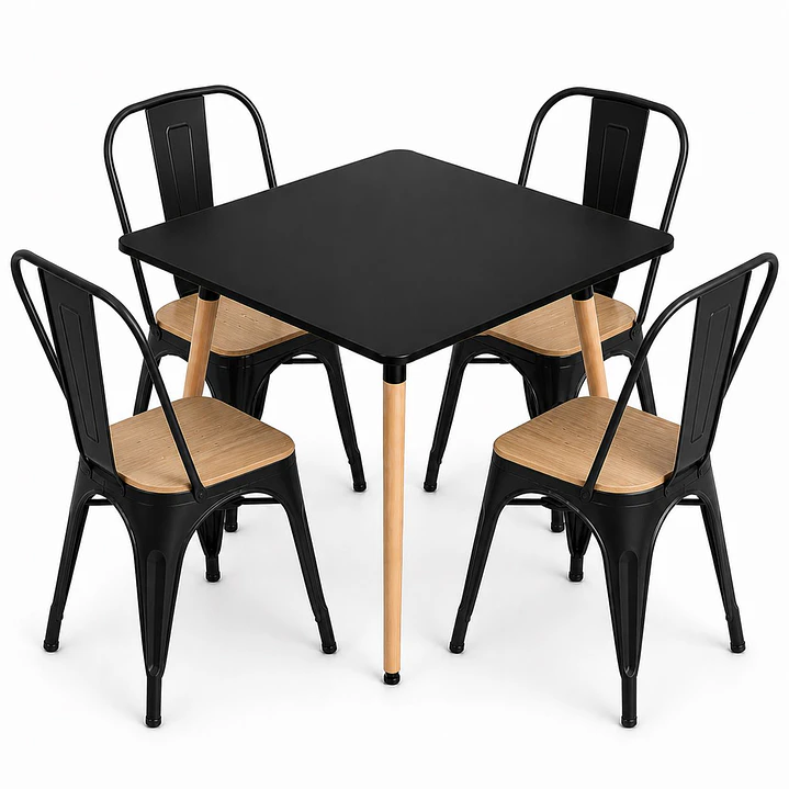 Comedor Malí (Mesa Cuadrada Melamina Negra + 4 Sillas Tolix Madera) 1