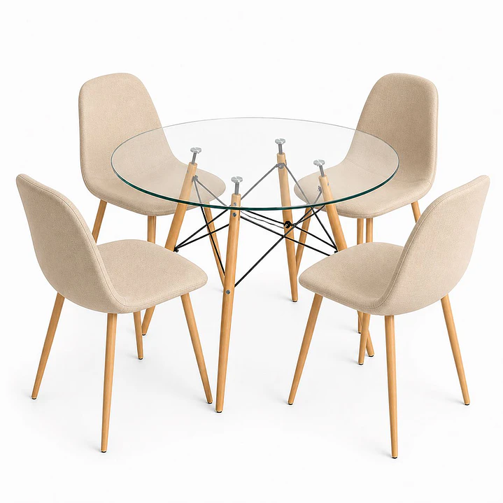 Comedor Indiana (Mesa Redonda Vidrio + 4 Sillas Scoop) 1