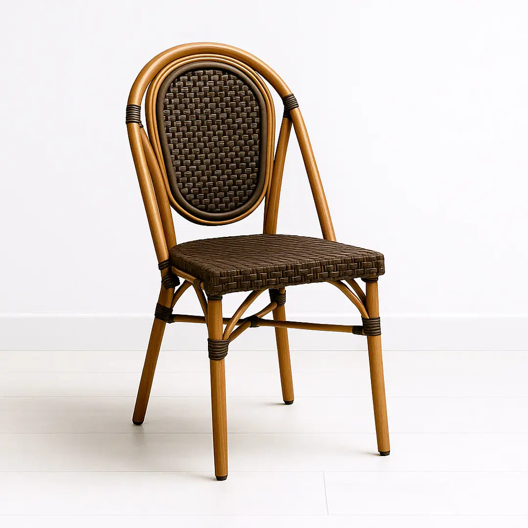 Silla de Exterior Estilo Francés con Marco Dorado y Ratán Oscuro 1