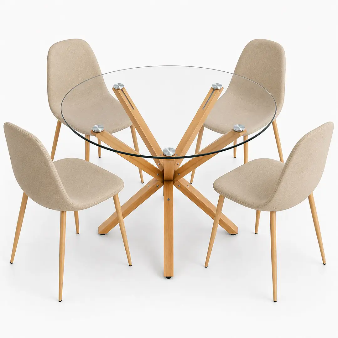 Comedor Armenia (Mesa redonda vidrio pata cruz + Silla Scoop Pata madera) 1