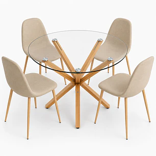 Comedor Armenia (Mesa redonda vidrio pata cruz + Silla Scoop Pata madera)