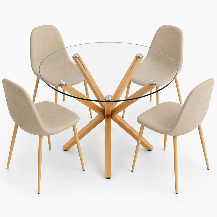 Comedor Armenia (Mesa redonda vidrio pata cruz + Silla Scoop Pata madera) 1