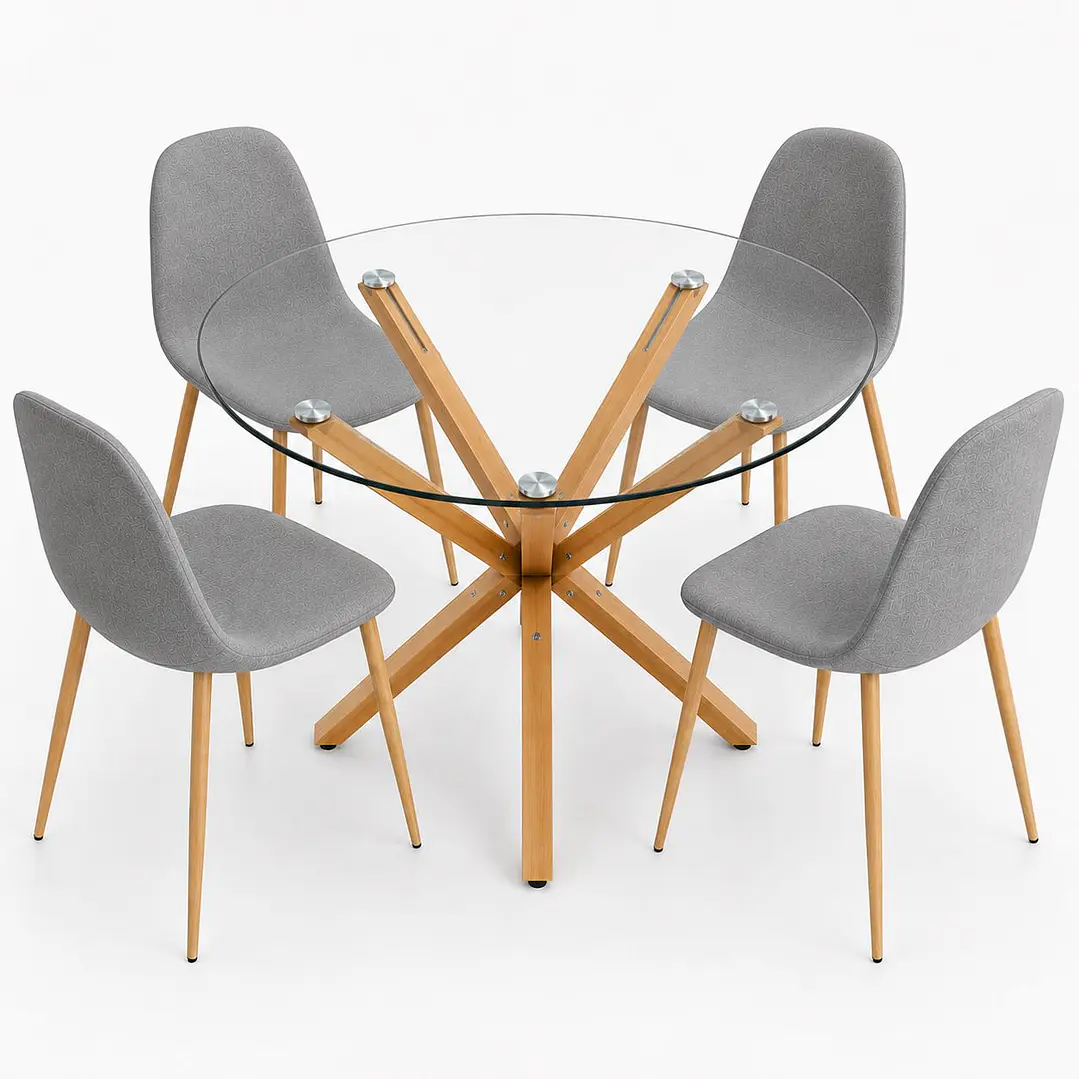 Comedor Armenia (Mesa redonda vidrio pata cruz + Silla Scoop Pata madera) 3