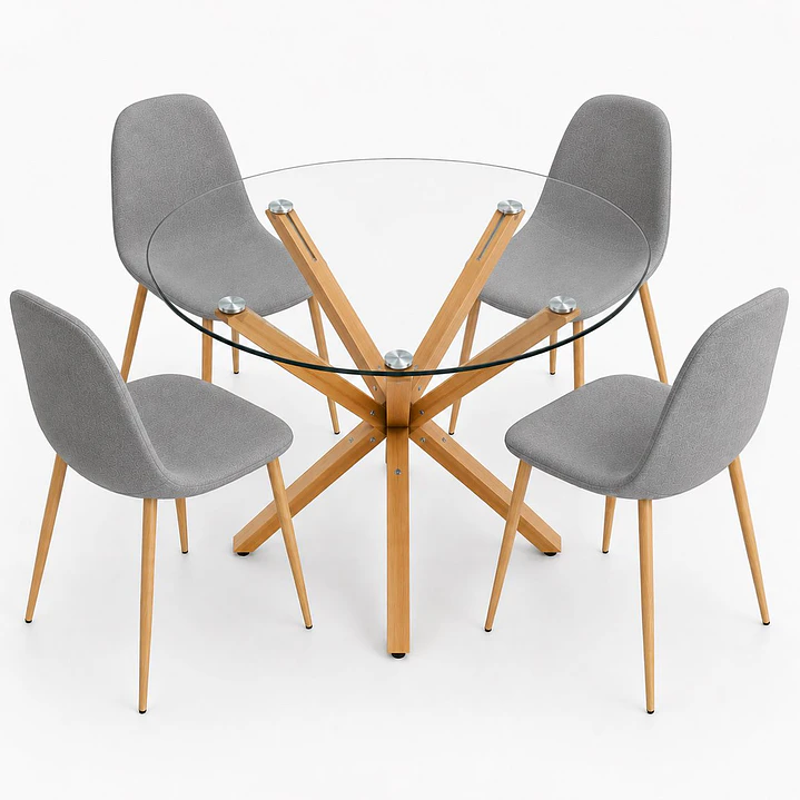 Comedor Armenia (Mesa redonda vidrio pata cruz + Silla Scoop Pata madera) 3