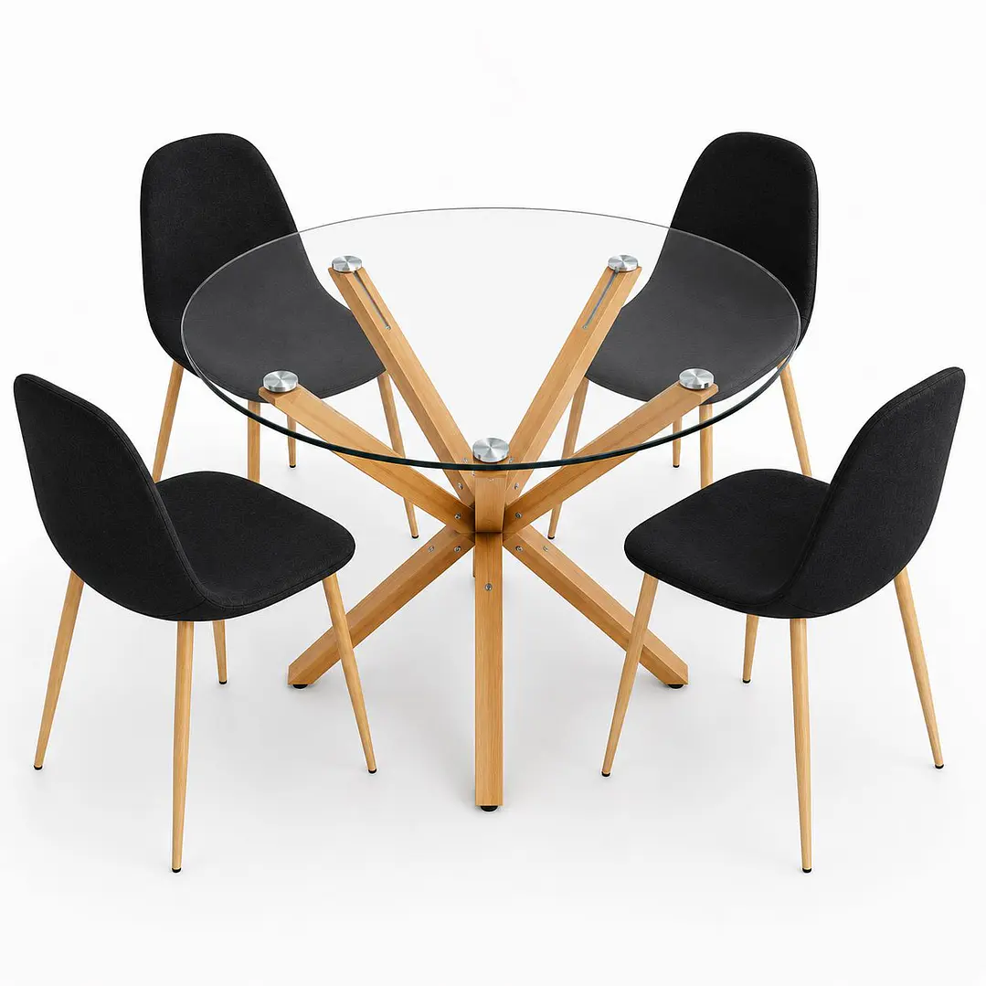 Comedor Armenia (Mesa redonda vidrio pata cruz + Silla Scoop Pata madera) 2