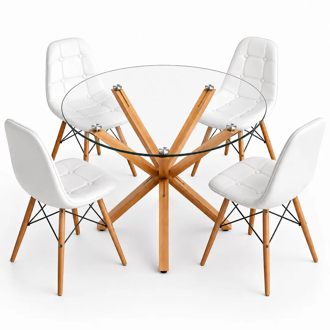 Comedor Estonia (Mesa redonda vidrio pata cruz + Silla Buckle) 2