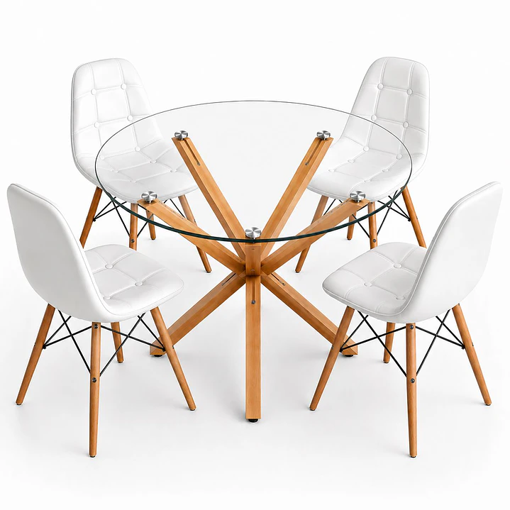 Comedor Estonia (Mesa redonda vidrio pata cruz + Silla Buckle) 2