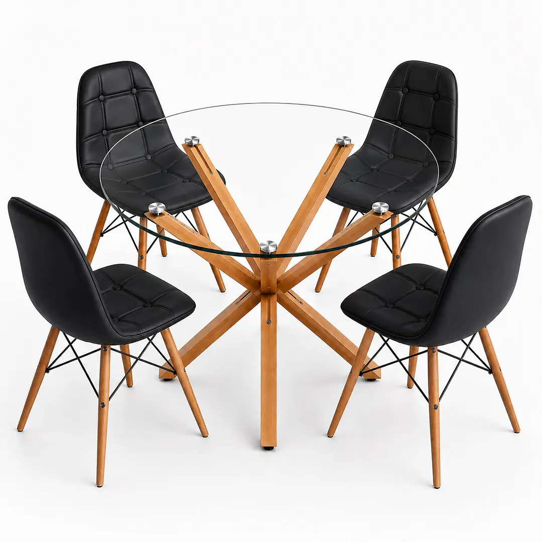 Comedor Estonia (Mesa redonda vidrio pata cruz + Silla Buckle) 1