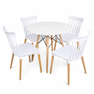 Comedor Letonia (Mesa Melamina redonda blanca + 4 Sillas Windsor)
