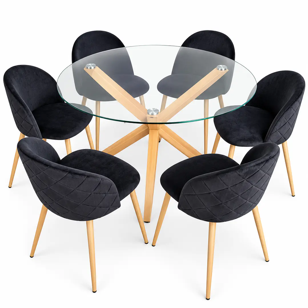 Comedor Egipto (Mesa redonda vidrio pata cruz + Silla Bread pata madera)  1
