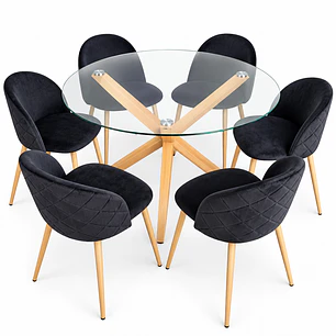 Comedor Egipto (Mesa redonda vidrio pata cruz + Silla Bread pata madera) 