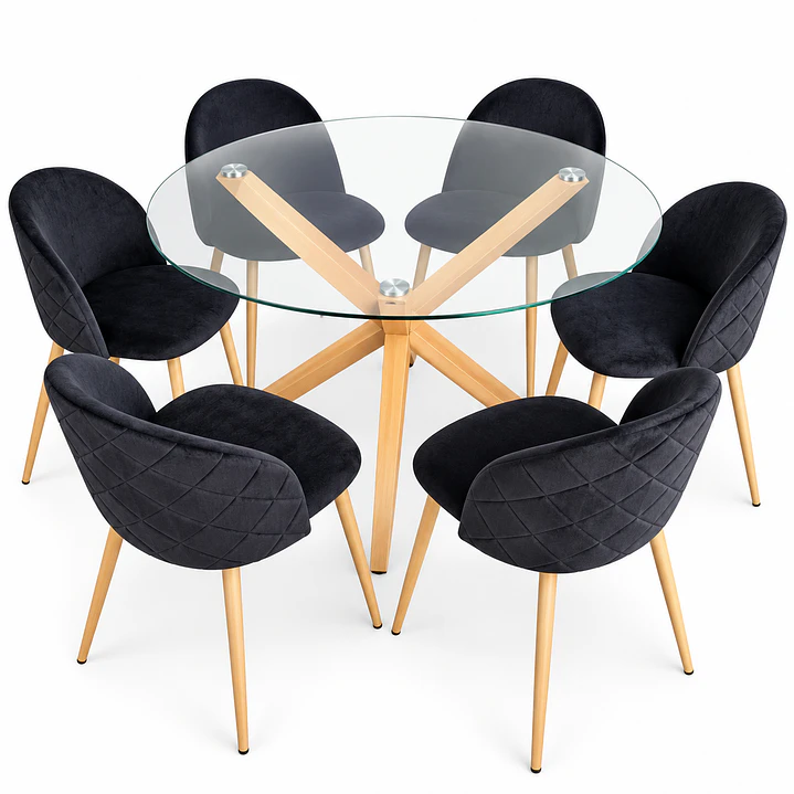 Comedor Egipto (Mesa redonda vidrio pata cruz + Silla Bread pata madera)  1