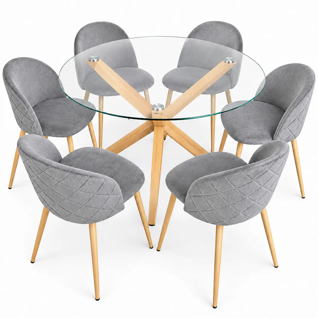 Comedor Egipto (Mesa redonda vidrio pata cruz + Silla Bread pata madera)  2