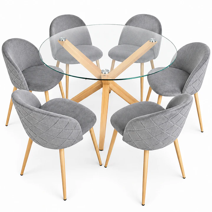 Comedor Egipto (Mesa redonda vidrio pata cruz + Silla Bread pata madera)  2