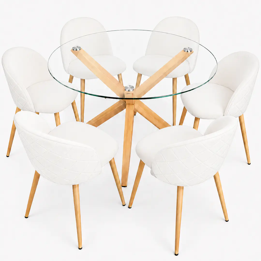 Comedor Egipto (Mesa redonda vidrio pata cruz + Silla Bread pata madera)  5