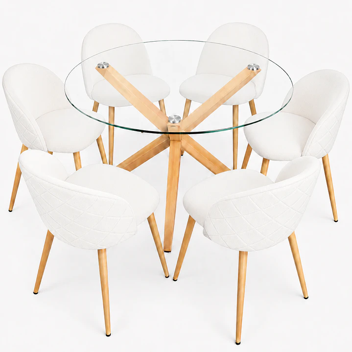 Comedor Egipto (Mesa redonda vidrio pata cruz + Silla Bread pata madera)  5