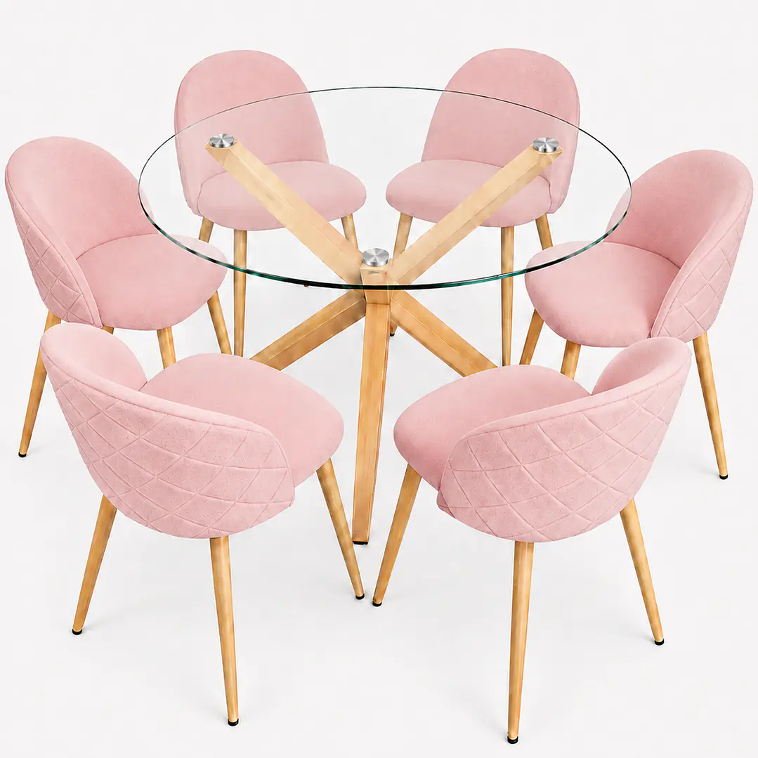 Comedor Egipto (Mesa redonda vidrio pata cruz + Silla Bread pata madera)  6