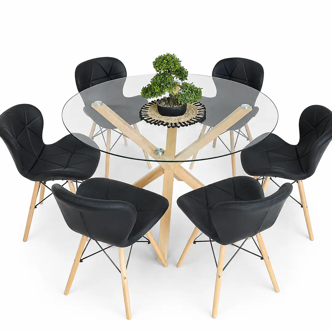 Comedor Bruselas (Mesa redonda vidrio pata cruz + Silla Radar Eco-cuero) 1