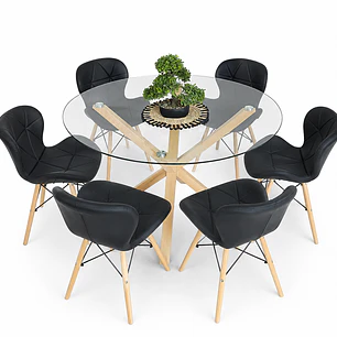 Comedor Bruselas (Mesa redonda vidrio pata cruz + Silla Radar Eco-cuero)