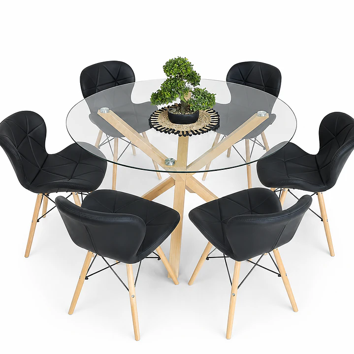 Comedor Bruselas (Mesa redonda vidrio pata cruz + Silla Radar Eco-cuero) 1
