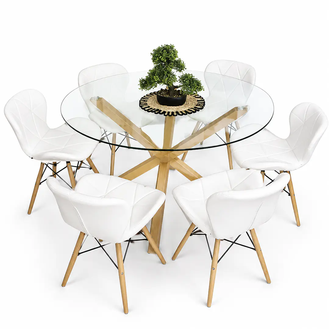 Comedor Bruselas (Mesa redonda vidrio pata cruz + Silla Radar Eco-cuero) 2