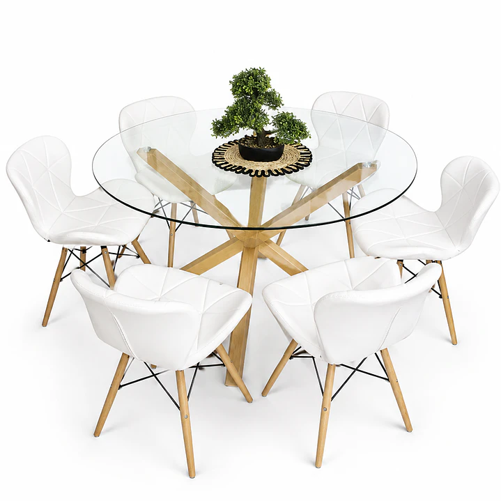 Comedor Bruselas (Mesa redonda vidrio pata cruz + Silla Radar Eco-cuero) 2