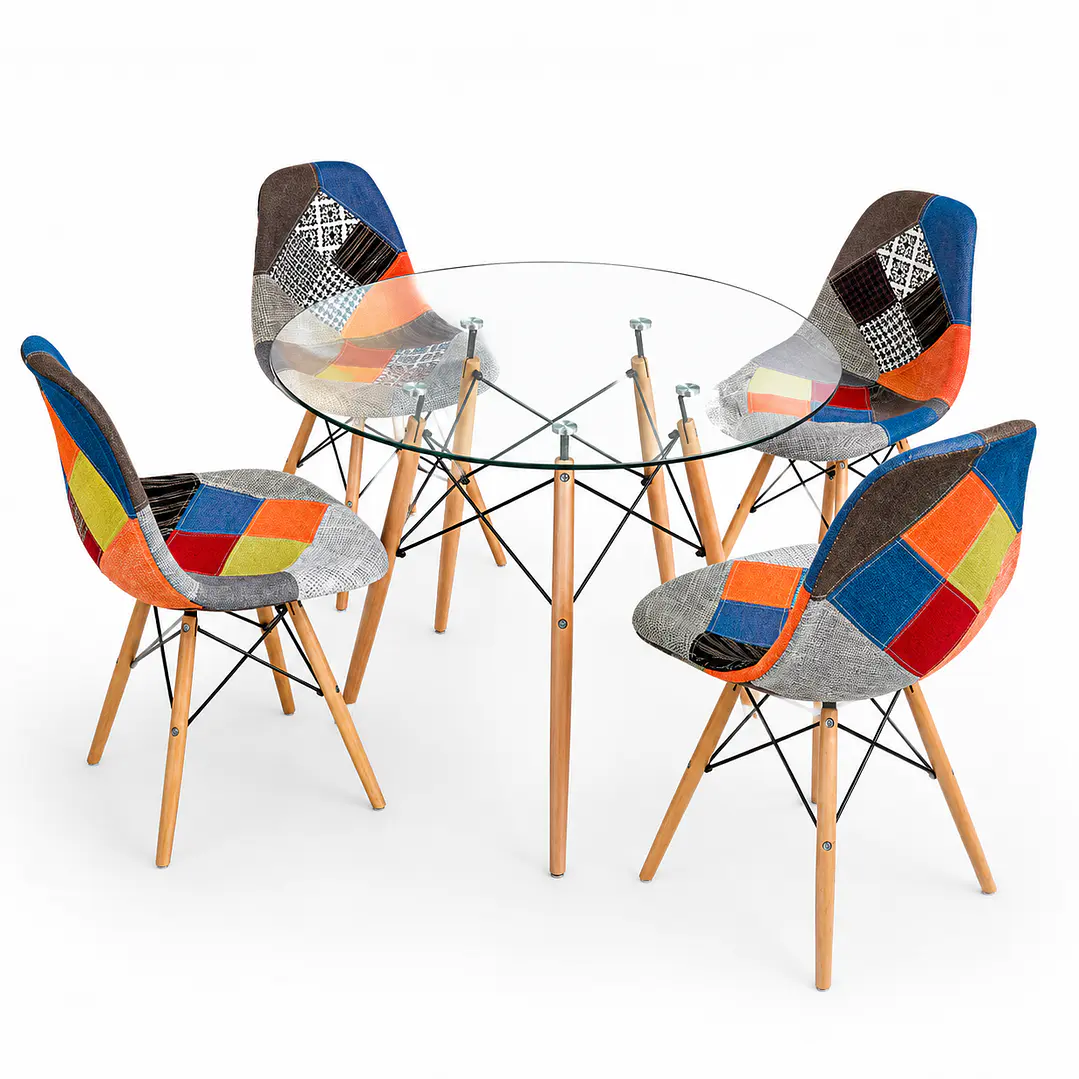 Comedor Estocolmo (Mesa Redonda Vidrio + 4 Sillas Patchwork) 1