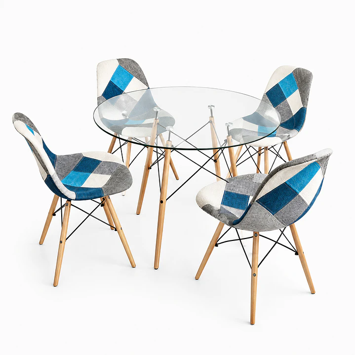 Comedor Estocolmo (Mesa Redonda Vidrio + 4 Sillas Patchwork) 2